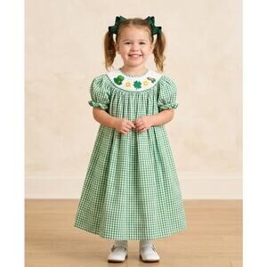 Babeeni Girl's Size 6 St. Patrick's Day Smocked Dress Green Gingham 100% Cotton